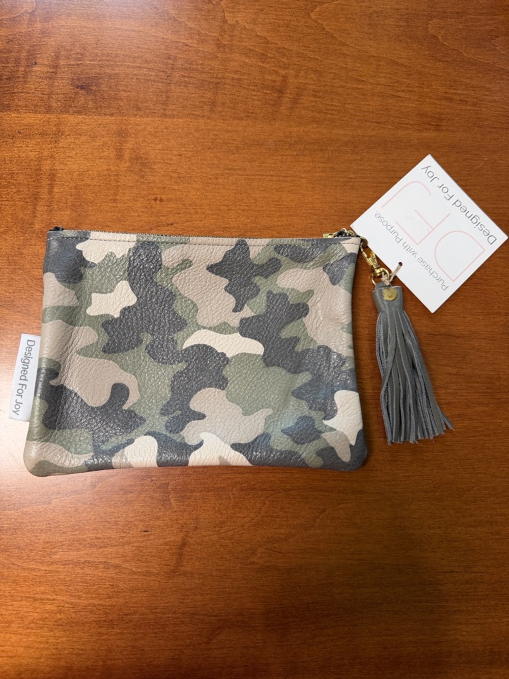 Camouflage Leather Tassel Zip Pouch Clutch